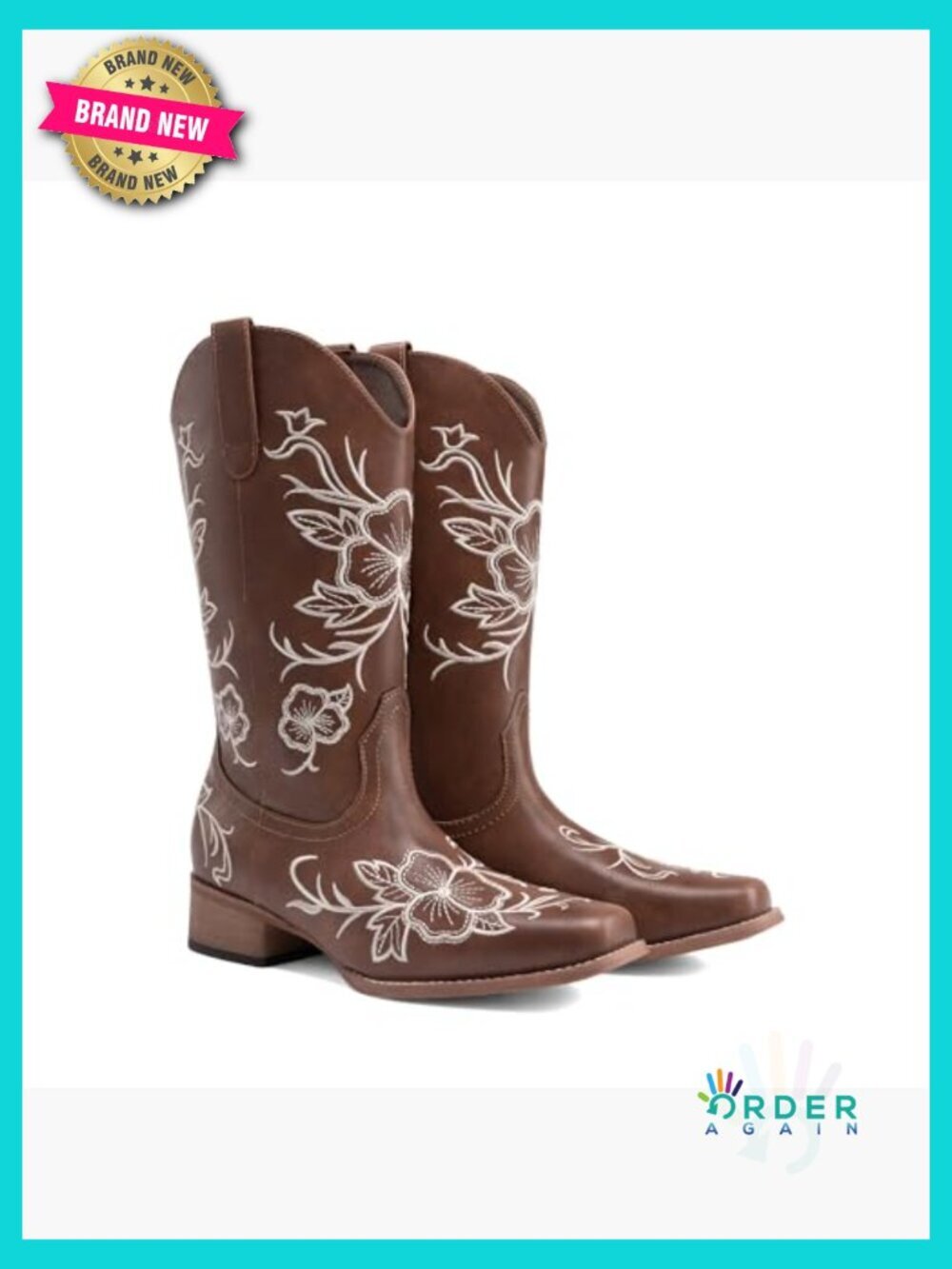 Embroidered Square Toe Cowboy Boots Chunky Low Heel Mid Calf Western - Picture 5 of 7